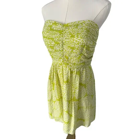 Shoshanna 100% Silk Dress Short Floral Boho Strapless Flowy Lime Neon Green Sz 6 - Picture 5 of 14